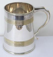 Victorian Pint Measure Tankard Silver Plated With Crown Mark & Gilt Reeded Bands