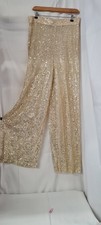 BNWOT ladies SHEER GOLD SEQUIN TROUSERS elasticated waist SIZE M (14)CG A11