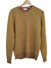 Markup Man Mustard Yellow Ribbed Knit Crew Neck Jumper 30% Wool Size L