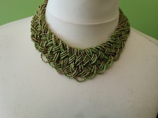 costume jewellery necklace chunky braided seed beaded Green and gold