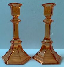 VINTAGE PAIR CANDLESTICKS ORANGE GLASS ART DECO STYLE AMBER CANDLE HOLDERS 1970S