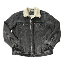 Levi’s Denim Sherpa Jacket Mens Large Charcoal Black Lined Snap *flaws
