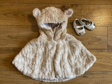 NEW BABY GIRL 3-6 MTHS FAUX FUR HOODED SHRUG & 0-6 MTHS GOLD TIPPED SHOES
