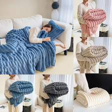 Fluffy Fleece Throw Blanket Ribbed Soft Cosy Warm for Bed Sofa Throw Double King
