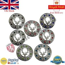 HS Scottish Kilt Fly Plaid Brooch Stag Head Chrome Finish Pin Brooches Stone Red