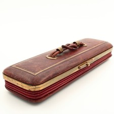 Victorian Red Leather Glove Box with Knotted Handle Brass Frame and Gloves