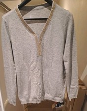 Ladies L/S Quality Grey V-Neck Chic Embellished Stylish Knitted Jumper A-A 38in 