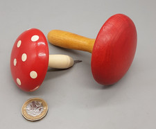 2  Red White & Natural Wood Toadstool Darning Mushrooms - one with needle holder