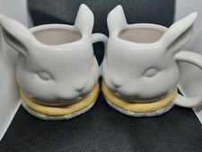 Pair Of White Ceramic Easter Bunny Rabbit Large 3D Novelty Mug Cup For Craft VGC
