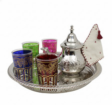 Moroccan Mint Tea Set Medium: Silver Tray, Teapot, 4 Tea Glasses, Teapot Holder