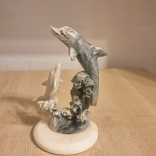 Vintage Dolphin Figurine – Ceramic Dolphin Sculpture with Ocean Waves, 7” Tall