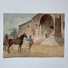 Antique French Watercolour Painting Period Costume Chapel Entrance With Horses