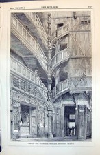 Antique Old Print Carved Oak Staircase Morlaix Brittany France Hw Brewer 1873