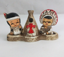 Vintage Native American Children Salt & Pepper Shaker & TeePee Toothpick Holder
