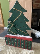 Vtg Wooden Christmas Tree Advent Calendar With Trinket Boxes & Ornaments To Hang