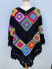 Handmade Crochet Granny Squares Black Poncho Charity Sale