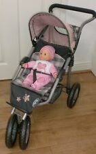 Three Wheeled Silver Cross Dolls Pram Pink & Grey with Soft Bodied Doll