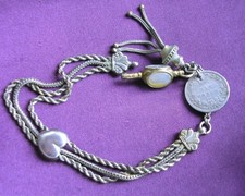 Antique Silver Albertina watch chain Tassel 1883 sixpence Gold filled watch key+