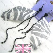 ZEBRA PRINT FEATHERS white feather LONG EARRINGS gothic BLACK CHAIN drop dangle