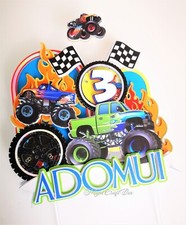 Monster Truck inspired cake topper, cupcake sticks, banner, party boxes, favours