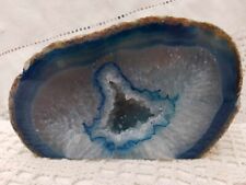 Natural  Brazilian Blue Agate Crystal Geode Display Mineral Rock Half Convex