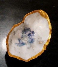 VINTAGE OYSTER SHELL, DECORATED WITH A MERMAID IN BLUE, ALSO SOME GILT RELIEF.