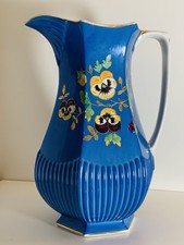 Vintage Blue Ceramic Pitcher Pansies Ribbed Flower Vase With Handle
