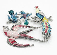 Vintage Lot 3 Enamel and Marcasite Bird Brooches. Unsigned.