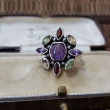925 Sterling Silver Ring, Multi Gemstones Ring, Size M US 6.25, Amethyst,Garnet 