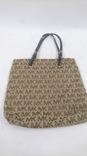 Michael Kors MK Monogram Tote Bag Beige Brown with Navy Handles Collectable