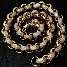 Mens 18k Gold Layered 12mm Belcher Chain Necklace 24" Iced Out Simulated Diamond