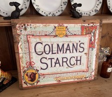 Antique Colmans Mustard Starch Sign Wooden Advertising - Paper on Wood Vintage
