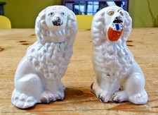 Pair Vintage Staffordshire 4" Wally Dogs Mantle Spaniels White 1 with Basket