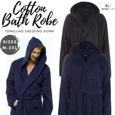 Mens Terry Towelling Bath Robe 100% Cotton Soft Dressing Gown Hooded Bathrobe UK