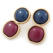 Purple/ Cobalt Blue Acrylic Double Button Stud Earrings In Gold Tone - 30mm L