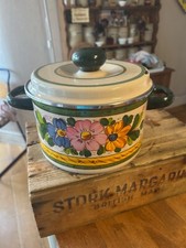 Vintage Large Cream Floral Enamel Twin-Handled Cooking Pot / Saucepan – Retro!
