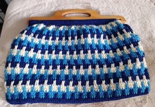 Vintage Knitting/Craft Bag Blue And White Knit With Wooden Handles Lined