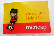 1990s Dennis the Menace Football Player  Mencap Charity Pin Badge  On Card