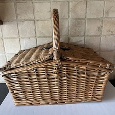Vintage Huntsman Wicker 2 Person Picnic Basket Blue Gingham Lined 45cm Long