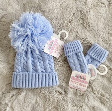 Baby Boy Blue Bobble Hat and Mittens NB-12 months Brand New With Tags