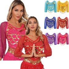Womens Sequined Belly Dance Chiffon Tops Long Sleeve Self-tie Crop Top Dancewear