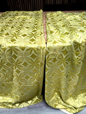 Pair Vintage Green Jacquard Bark Cloth Satin Geometric Curtains Retro 1950s MCM