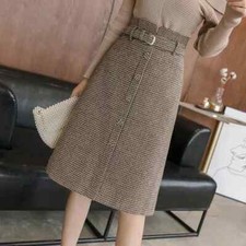 Lady A Line Pencil Skirt Houndstooth Midi Skirt Slit with Belt Warm Winter Skirt