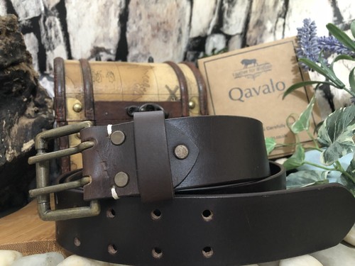 Double pin leather belt unisex - leather,