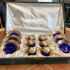 Pauly & C   & Murano Italian  Glass Colbert Blue & Gold Coffee Cups & Saucers
