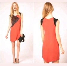 French Connection Sequin Dress Chain Mail Orange Pretty Chiffon Material Size 6