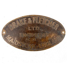 Antique Brass Drake & Fletcher Engineers Badge, Plaque, Sign, Plate, Maidstone