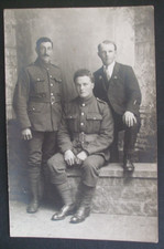 WW1 RPPC 2 BRITISH SOLDIERS & MAN IN CIVILIAN SUIT WOUND STRIPE DISCHARGE BADGE