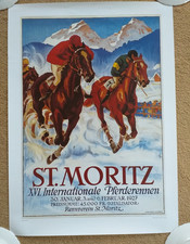Vintage St Moritz Horse Racing Poster Artist Hugo Laubi 1927 Excellent condition