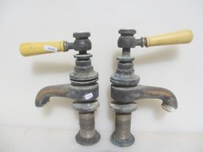 HUGE Antique Brass Taps Sink Basin Porcelain Caps Victorian Old Faucet Bath